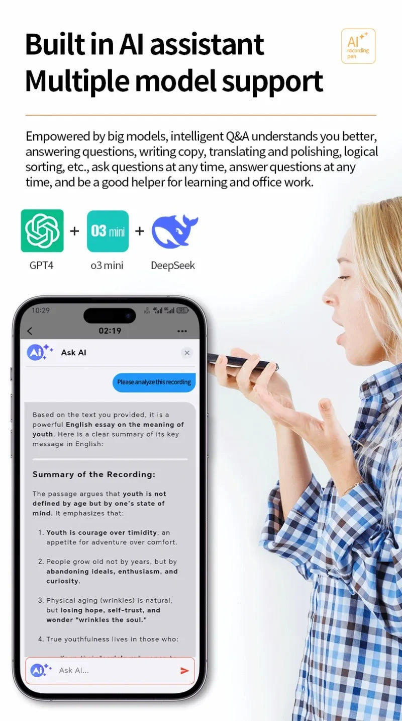 AI ChatGPT Voice Recorder 8-128GB Mini Keychain Magnetic Dictaphone 256GB Intelligent Summarization Real-Time Recording Device