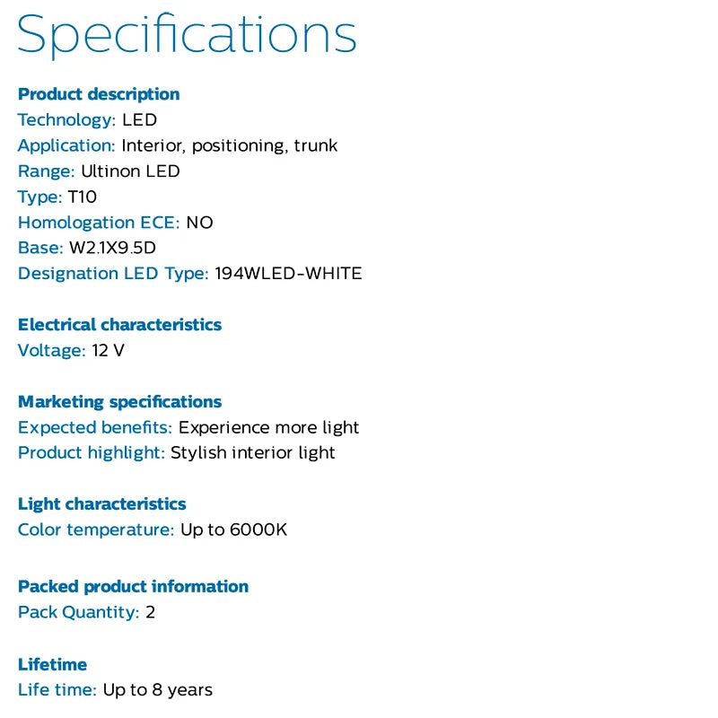 Philips Ultinon LED T10 W5W 194 6000K Hell Weiß Auto-LED Signale Leseschilder Lampen Innenraum Armaturenbrett Bulbs 12961ULWX2