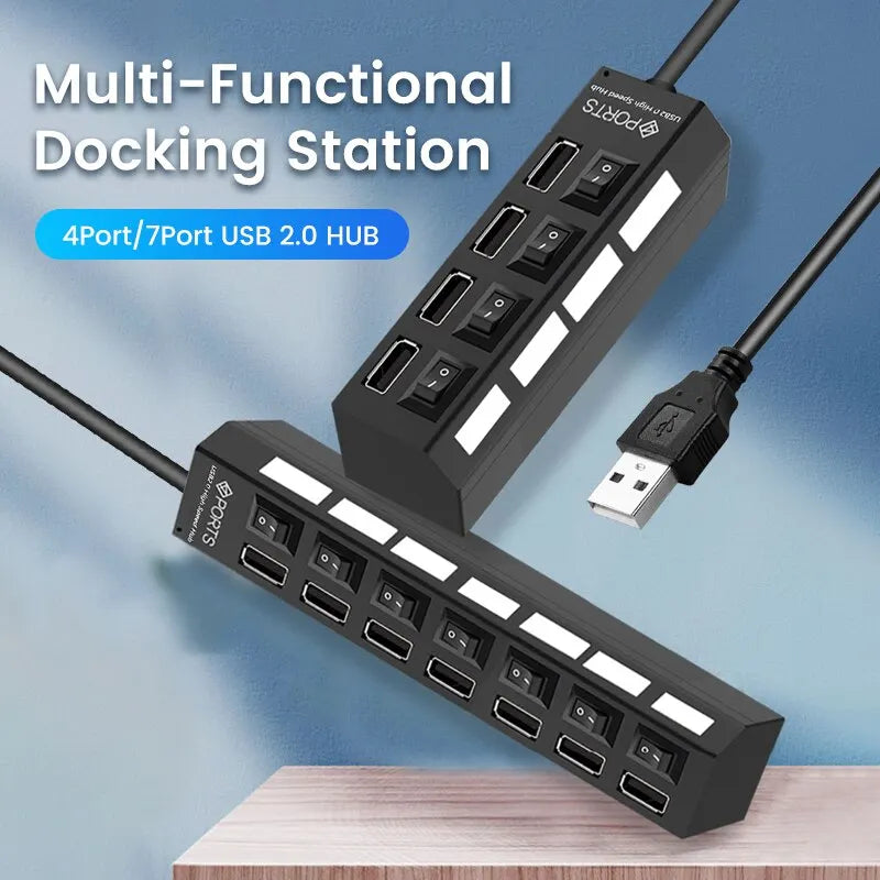 7 port USB 2.0 hub egyedi kapcsolókkal