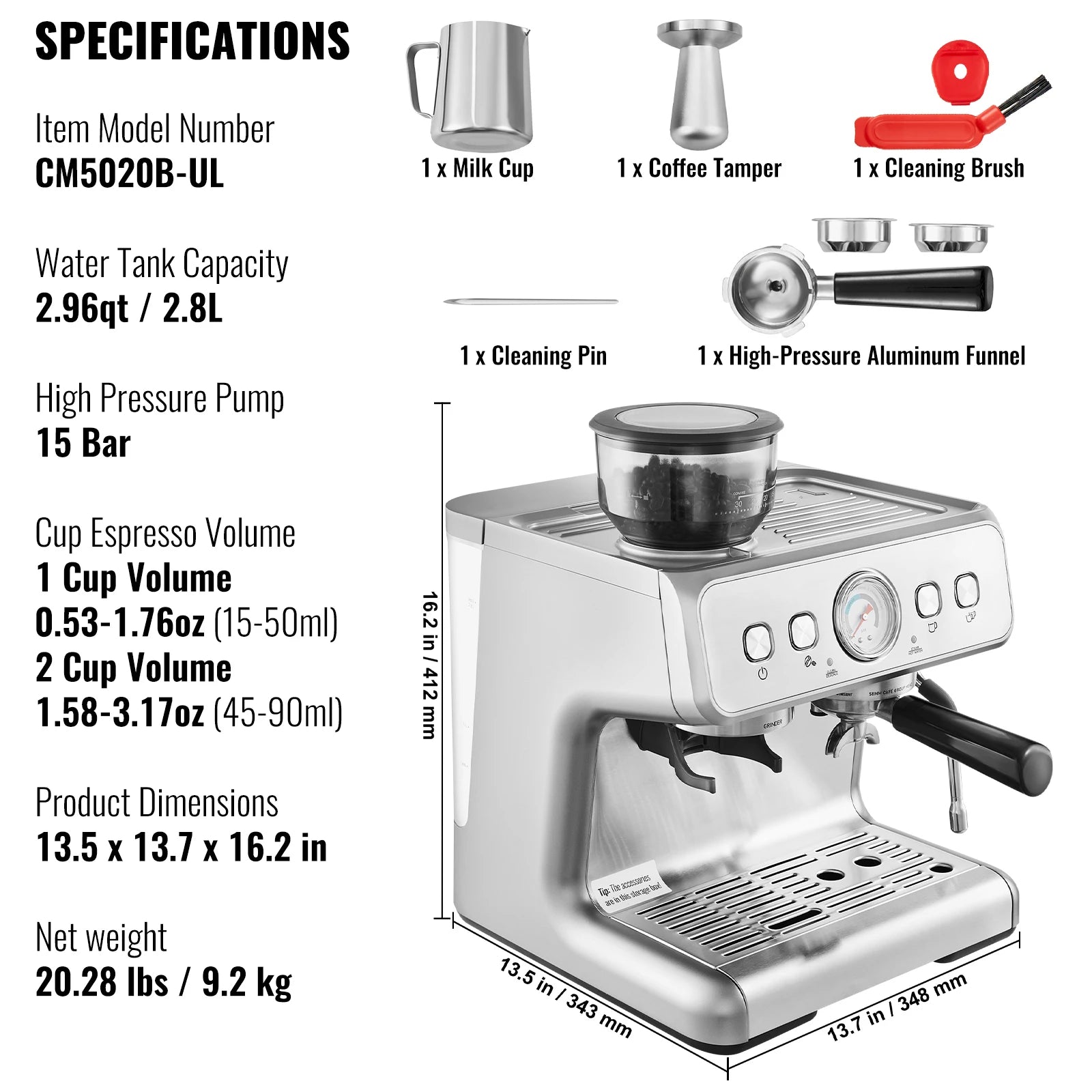 Macchina per espresso da 15 bar con macinacaffè e lancia a vapore