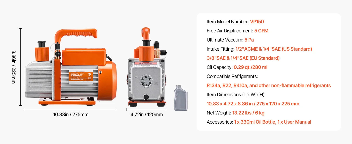 HVAC Vacuum Pump 3.5–9 CFM Single & Dual Stage for AC Systems