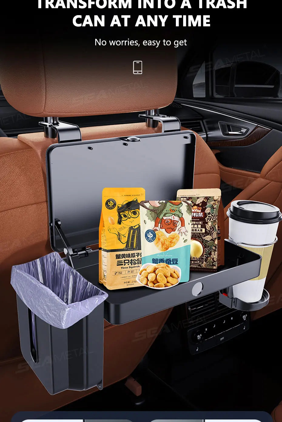 SEAMETAL Foldable Car Seat Tray Table Portable Compact Vehicle Back Seat Table for Kids Stable Backseat Snacks Tray/Drink Holder