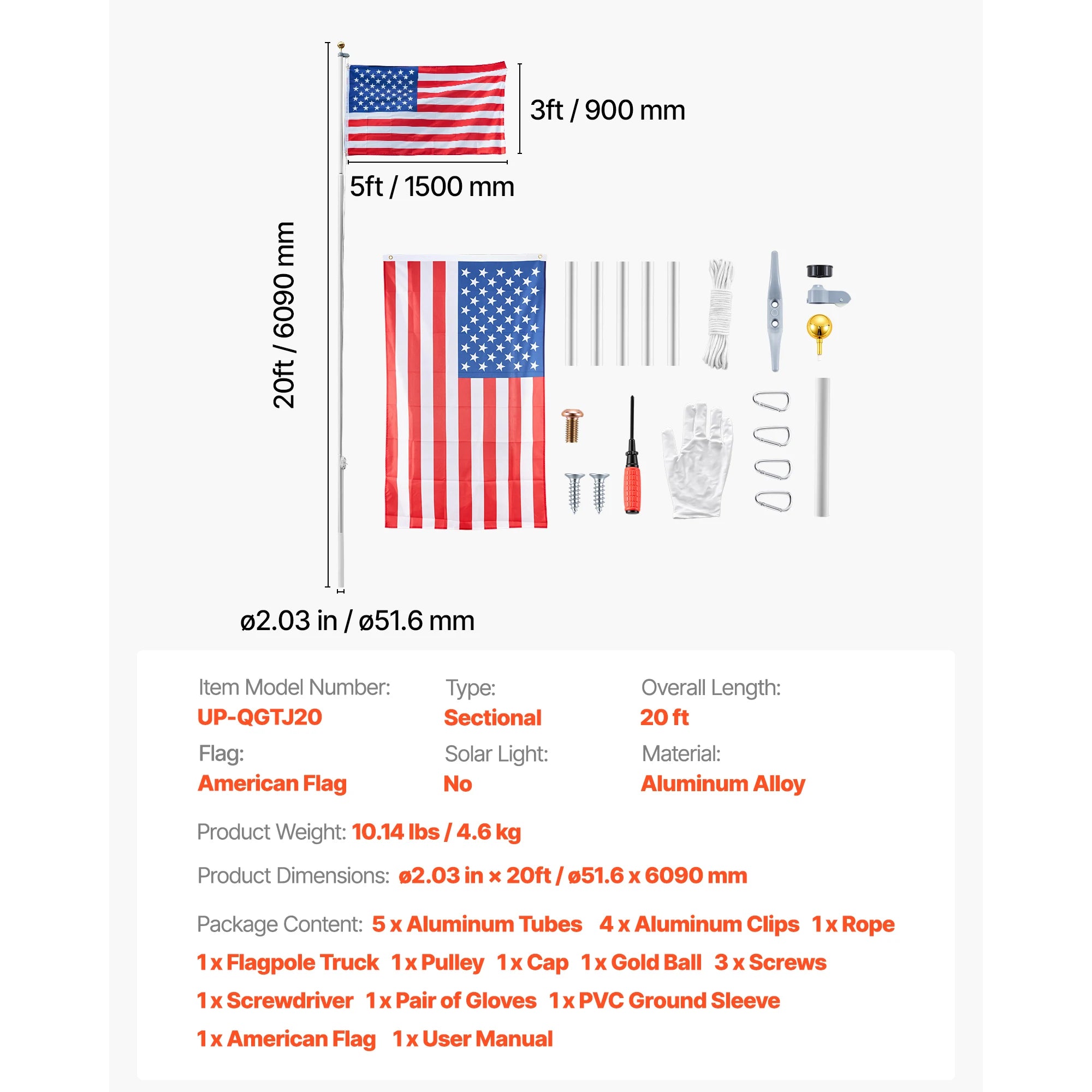 16/20/25/30ft In-Ground Aluminum Flag Pole Kit with Flag