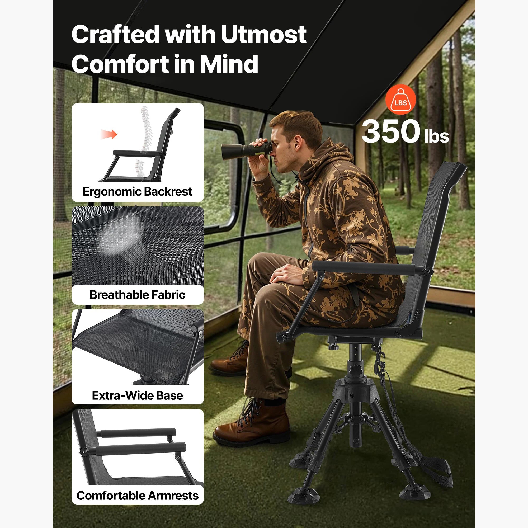 SucceBuy Hunting Chair 360° Silent Swivel Foldable Blind Chair Steel Frame Ground Stool Seat 300Lbs/350Lbs Capacity for Fishing