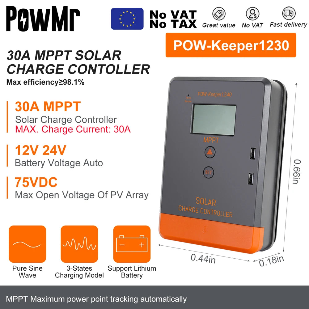 PowMr MPPT 100A 80A 60A 40A 30A 30A 20A Solar Charger Controller LCD Work With 12V 24V 36V 48V Lead-acid Lifepo4 Battery Solar Panel 