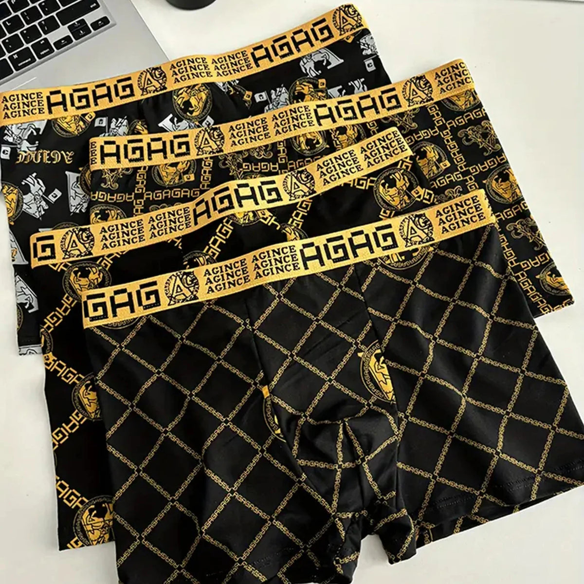 Conjunto de 8 cuecas masculinas de luxo com estampado de cavaleiro e corrente, elásticas e de corte reto - Confortáveis, respiráveis e de secagem rápida