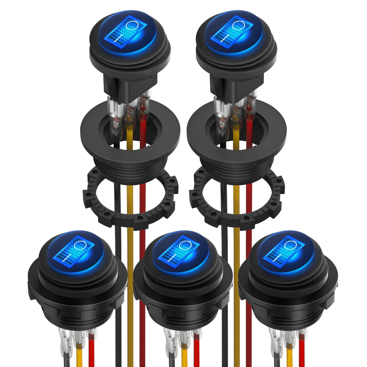 12V Illuminated Round Rocker Switches, 5 Pieces