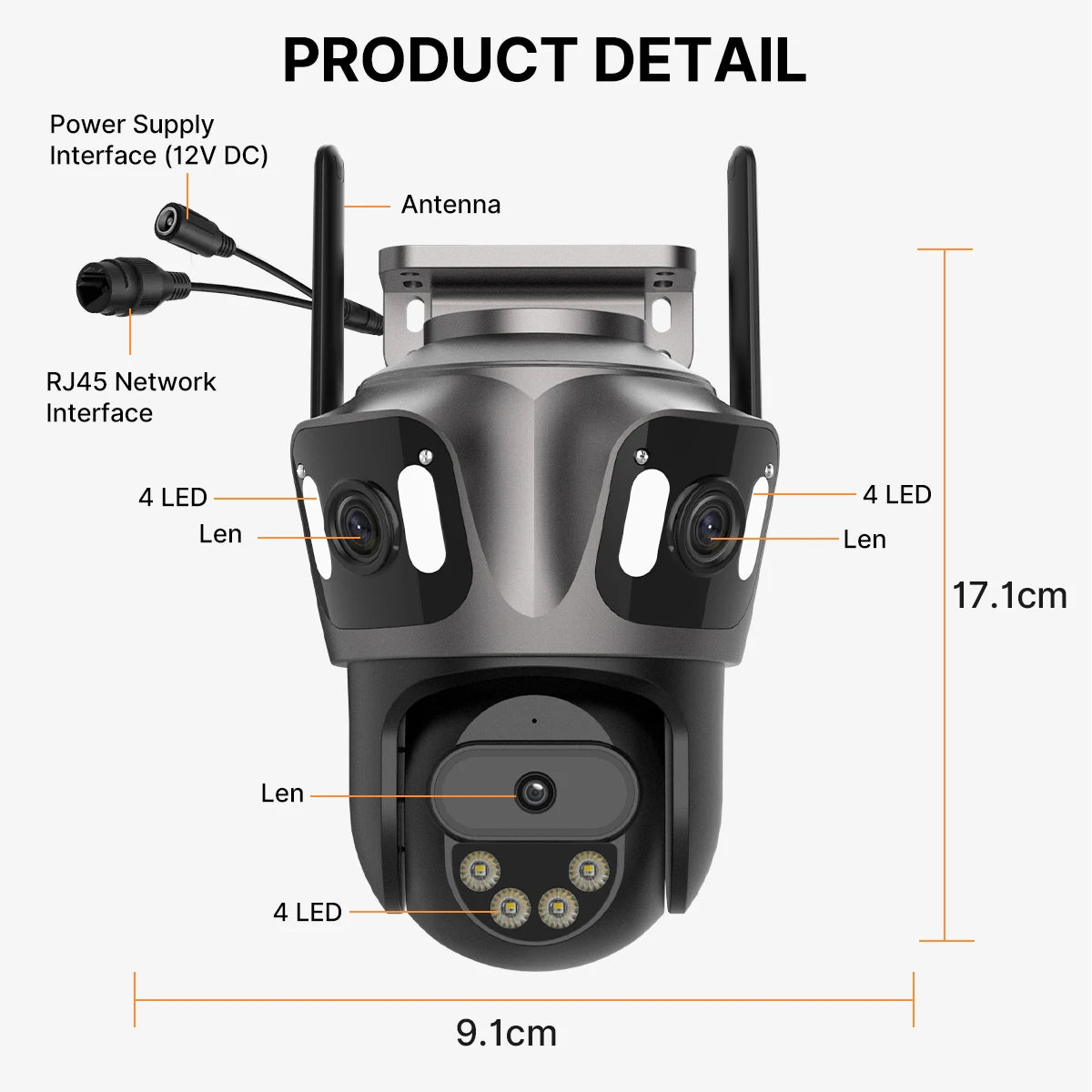 3-Lens 3-Screen WiFi IP Camera with Human Detection, PTZ, IP66 Waterproof
