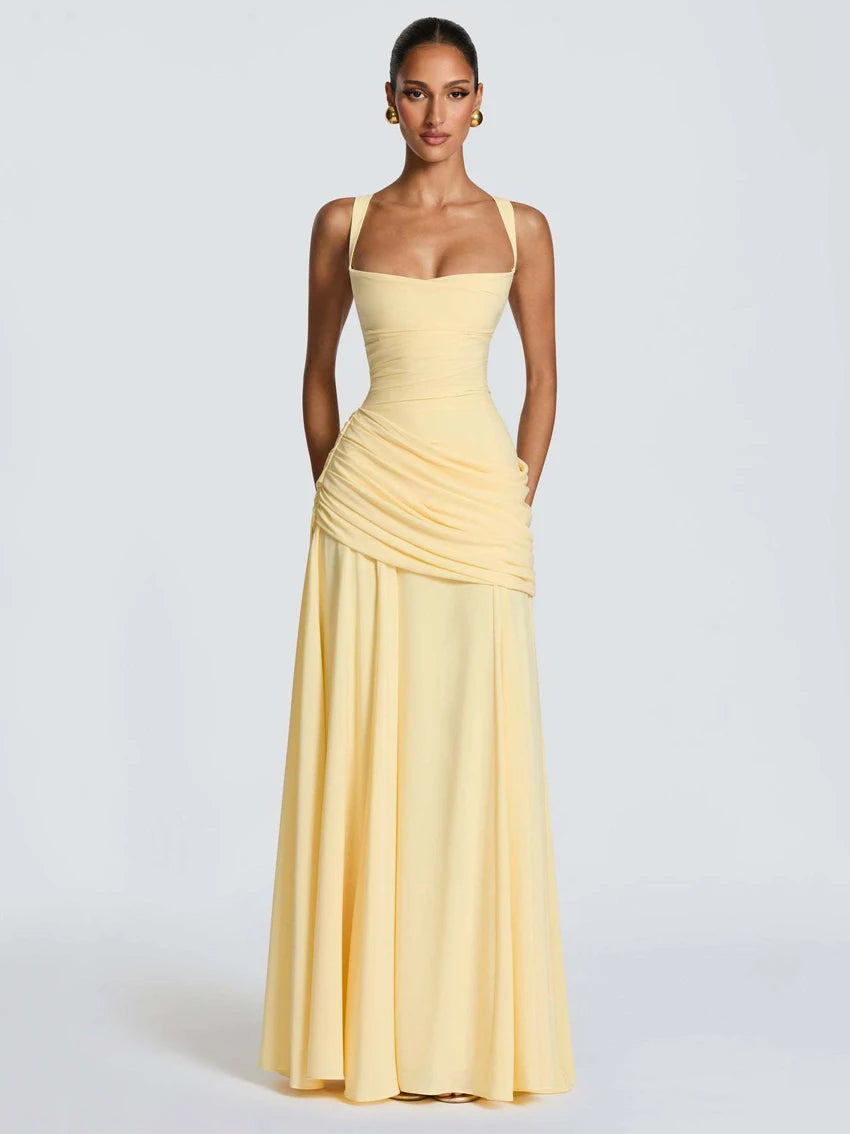 Women’s Elegant Ruched Backless Maxi Dress with Square Neck