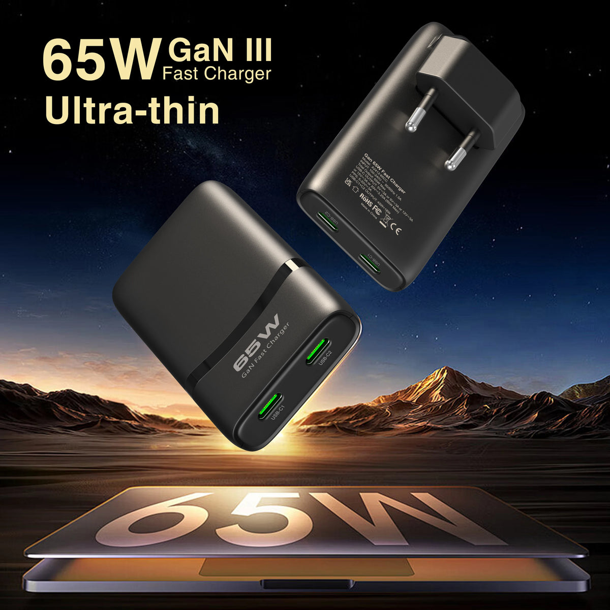 Dvostruki USB-C GaN punjač od 65 W i opcije kabela