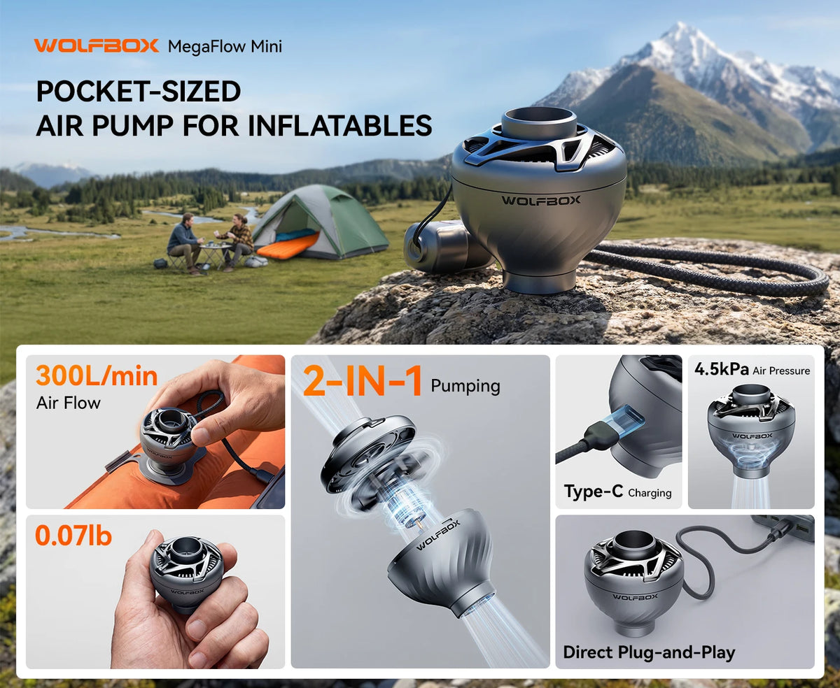 WOLFBOX MFMINI luftpump trådlös kompressor camping uppblåsbar deflate säng mattor flytande livboj bärbar utomhus inflator pump