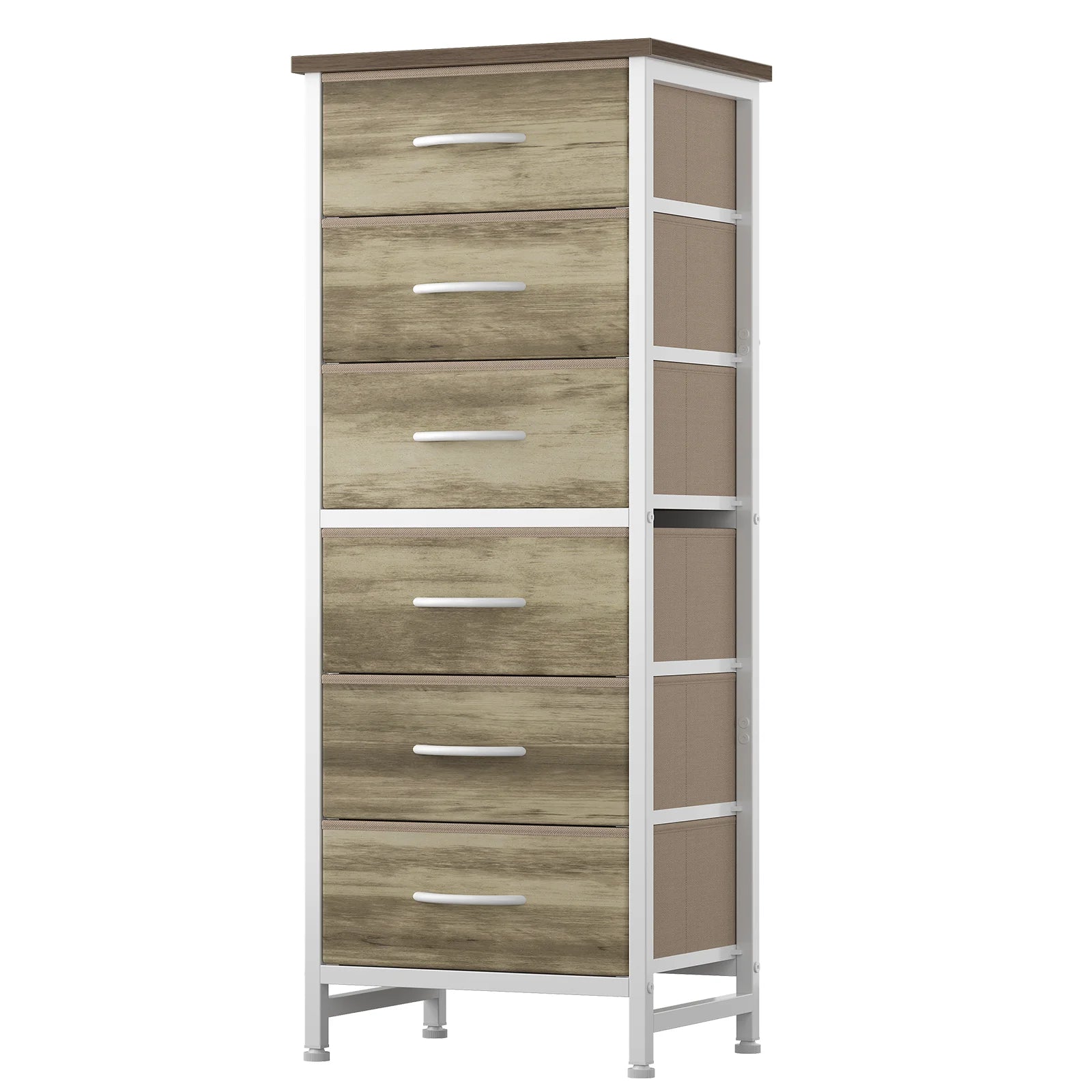 Commode JHK Tall 6 tiroirs en tissu pour chambre, dessus en bois et cadre en métal, commode étroite à tiroirs, tour de rangement étroite avec mobilier d'organisation