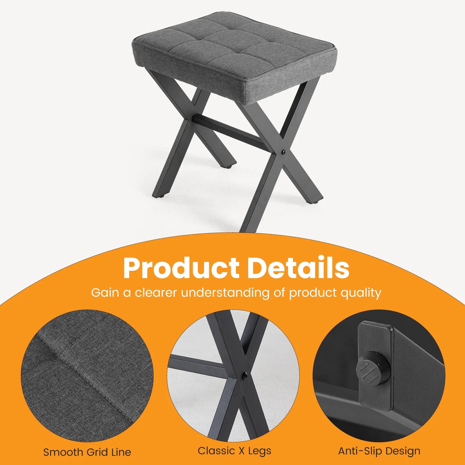 Folding Linen Ottoman with Storage & Metal Legs Padded Seat