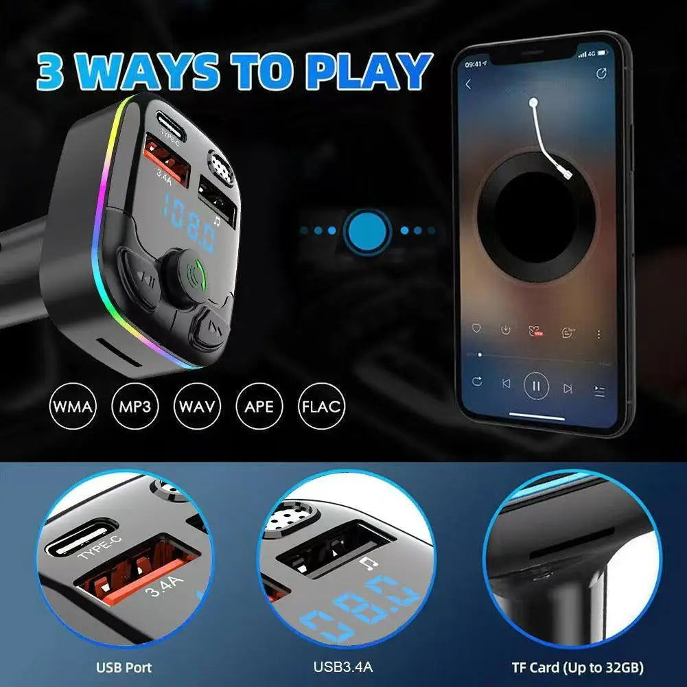 Car Charger Bluetooth 5.0 FM Transmitter PD Type-C Dual USB Ambient Player MP3 Charger Type-C Wireless Light Handsfree 