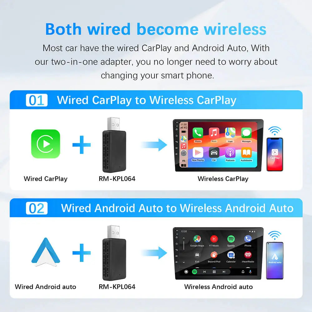 2in1 Wired to Wireless CarPlay Android Auto Adapter for OEM Car Stereo With USB Plug and Play 