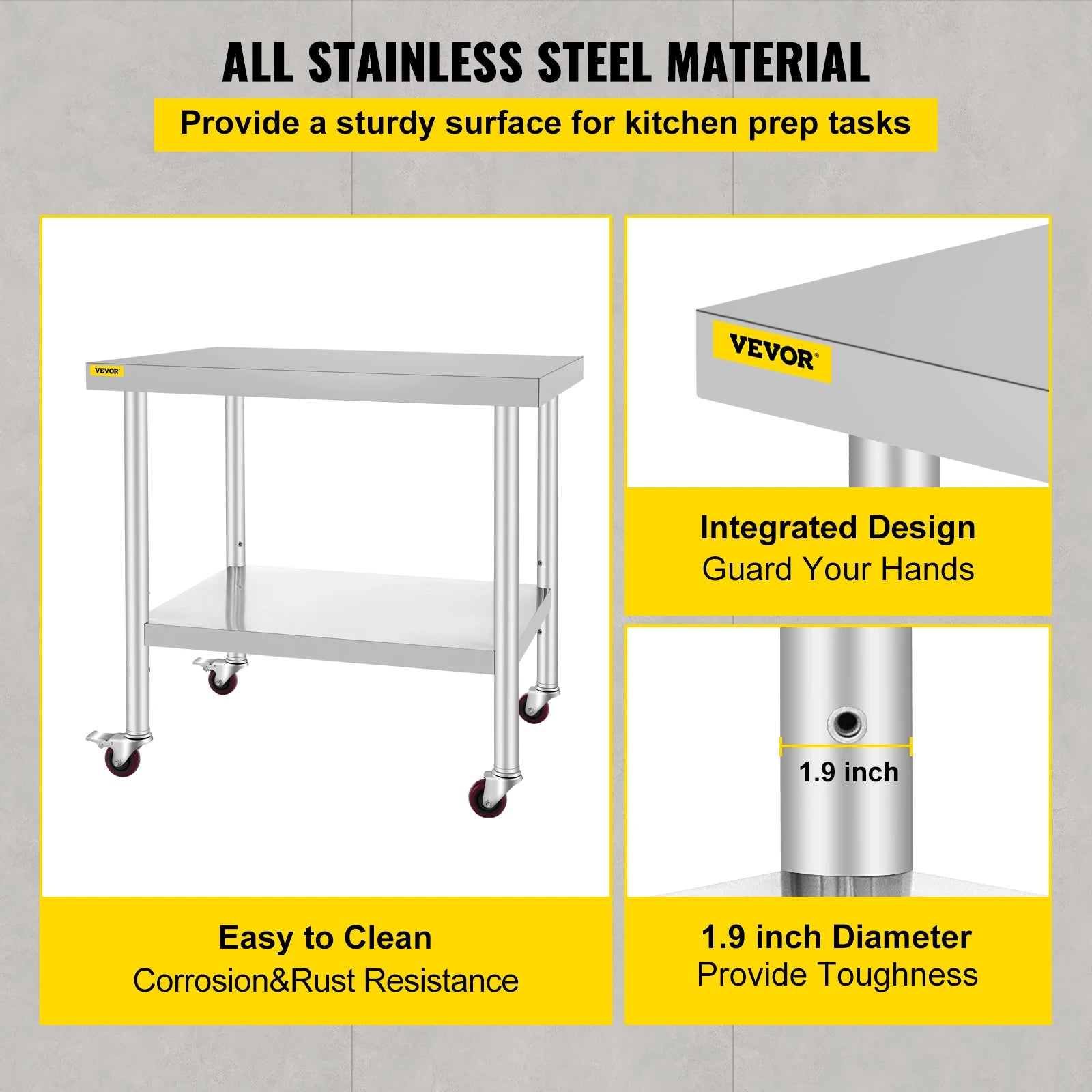 Stainless Steel Kitchen Prep Table with Wheels & Adjustable Shelf