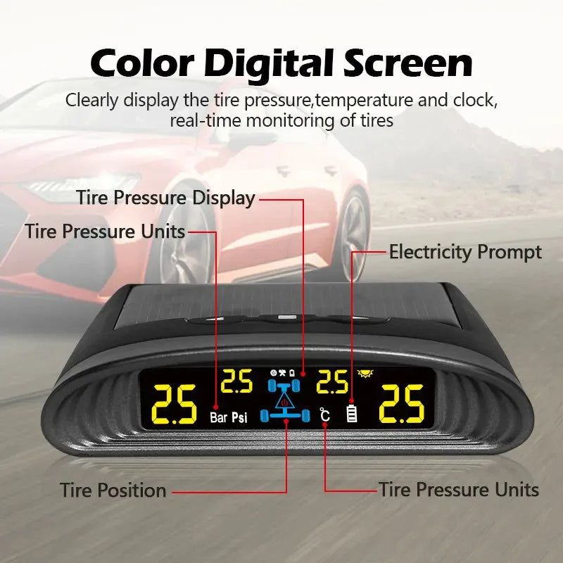 Solarny system monitorowania ciśnienia w oponach TPMS z wyświetlaczem LCD i alertami bezpieczeństwa
