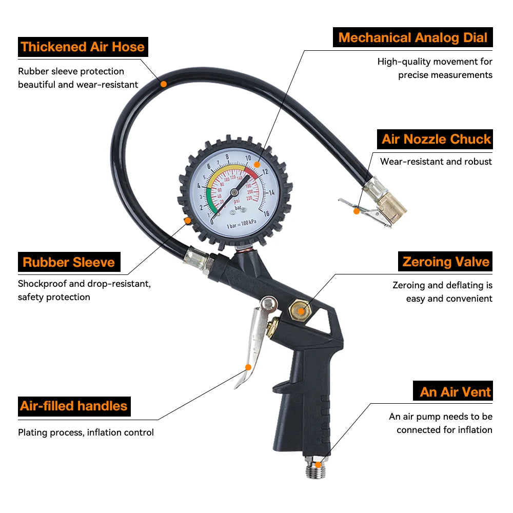 Tire Pressure Gun 0-16Bar/0-220PSI Pressure Gauge, Tire Pressure Measuring Tool, Inflatable/Deflated, Inflation Pump Accessories