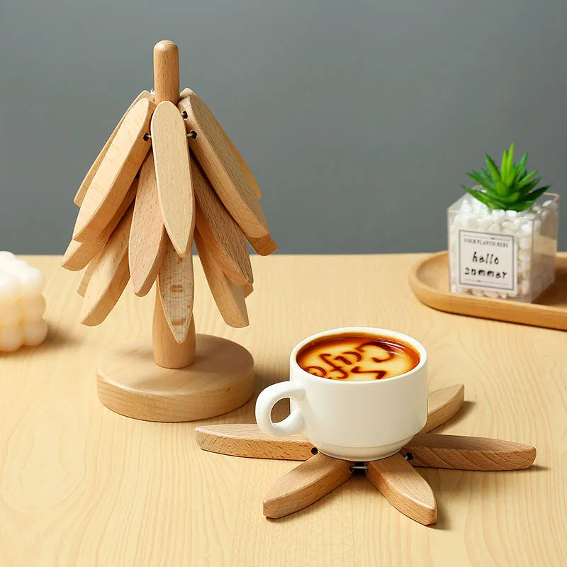 4PCS Bamboo Wooden Tree Design Stand Table Mat Coaster Wood Placemats Pot Trivets Decorative Anti Scald Heat Resistant 