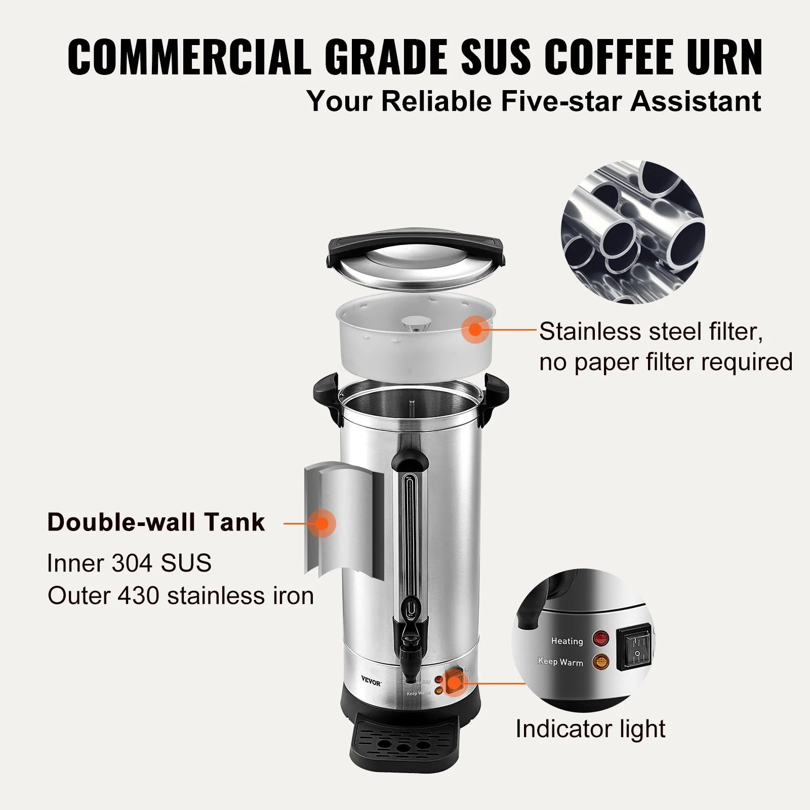 110-koppars kommersiell kaffekanna 16,4L rostfritt stål varm dispenser