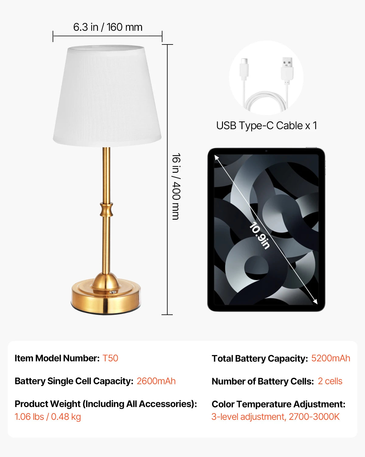 Cordless Table Lamp with Rechargeable Battery & Touch Dimming