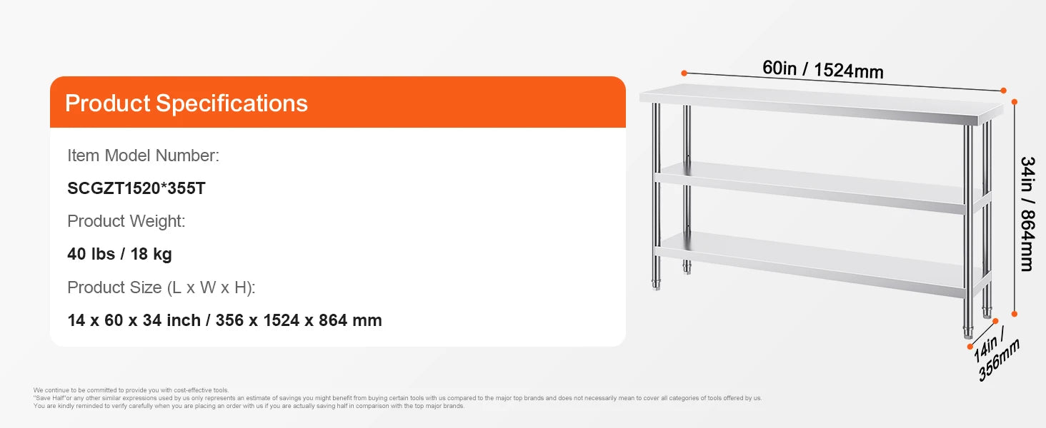 Stainless Steel Food Prep Table with Adjustable Shelves for Kitchen