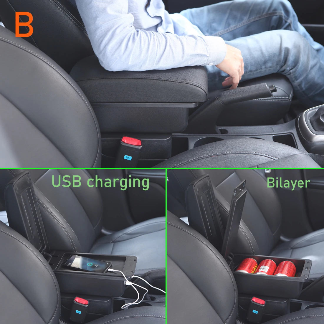 Universaali auton käsinoja säilytystilalla ja valinnaisilla USB-porteilla