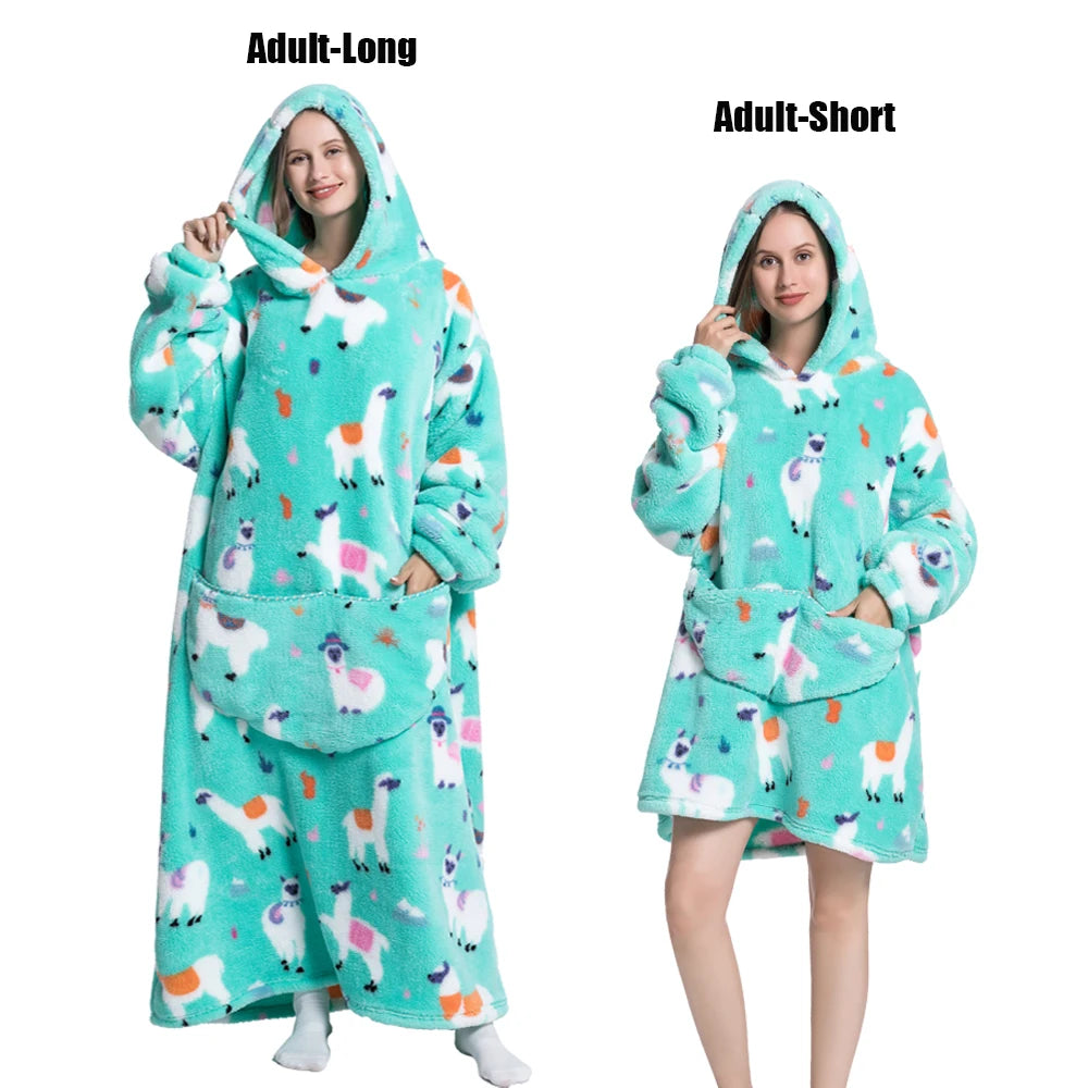 Women Plush Fleece Blanket Men Warm Thick Hoodies Adult Giant TV Blanlets with Sleeves Super Long Cold-proof Homewear Pajamas 