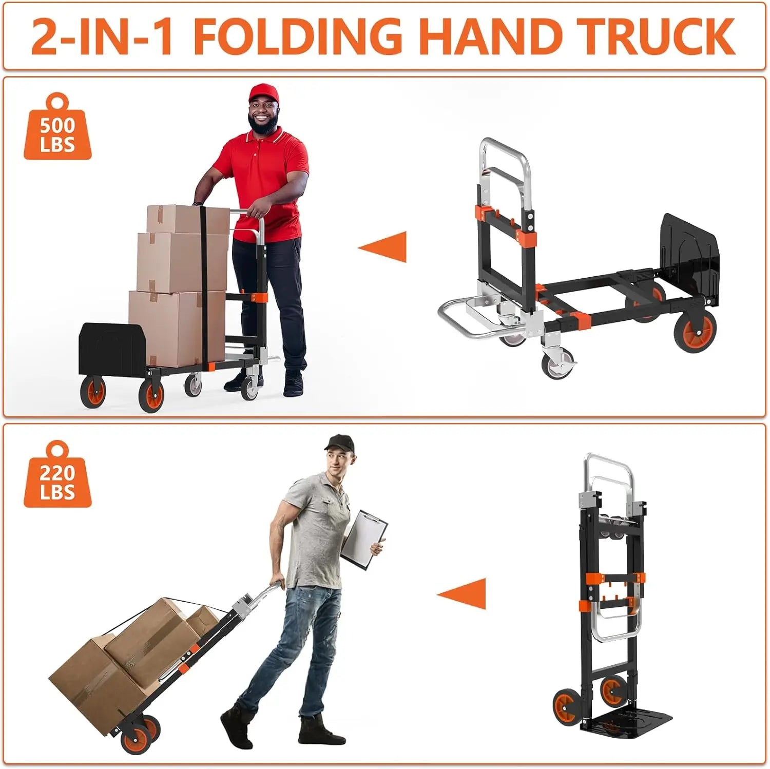 3-in-1 Heavy Duty Folding Hand Truck, 500 LBS Capacity, Convertible Dolly with Telescopic Handle
