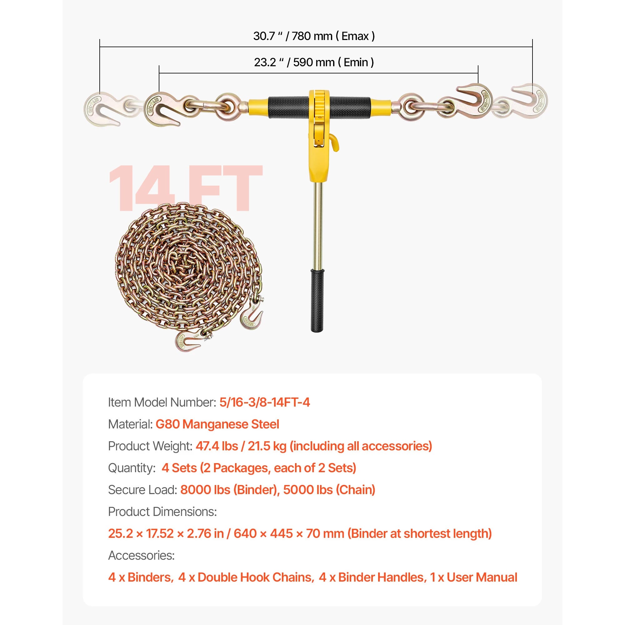 Ratchet Chain Binder Set with G80 Chains for Heavy Load Securing