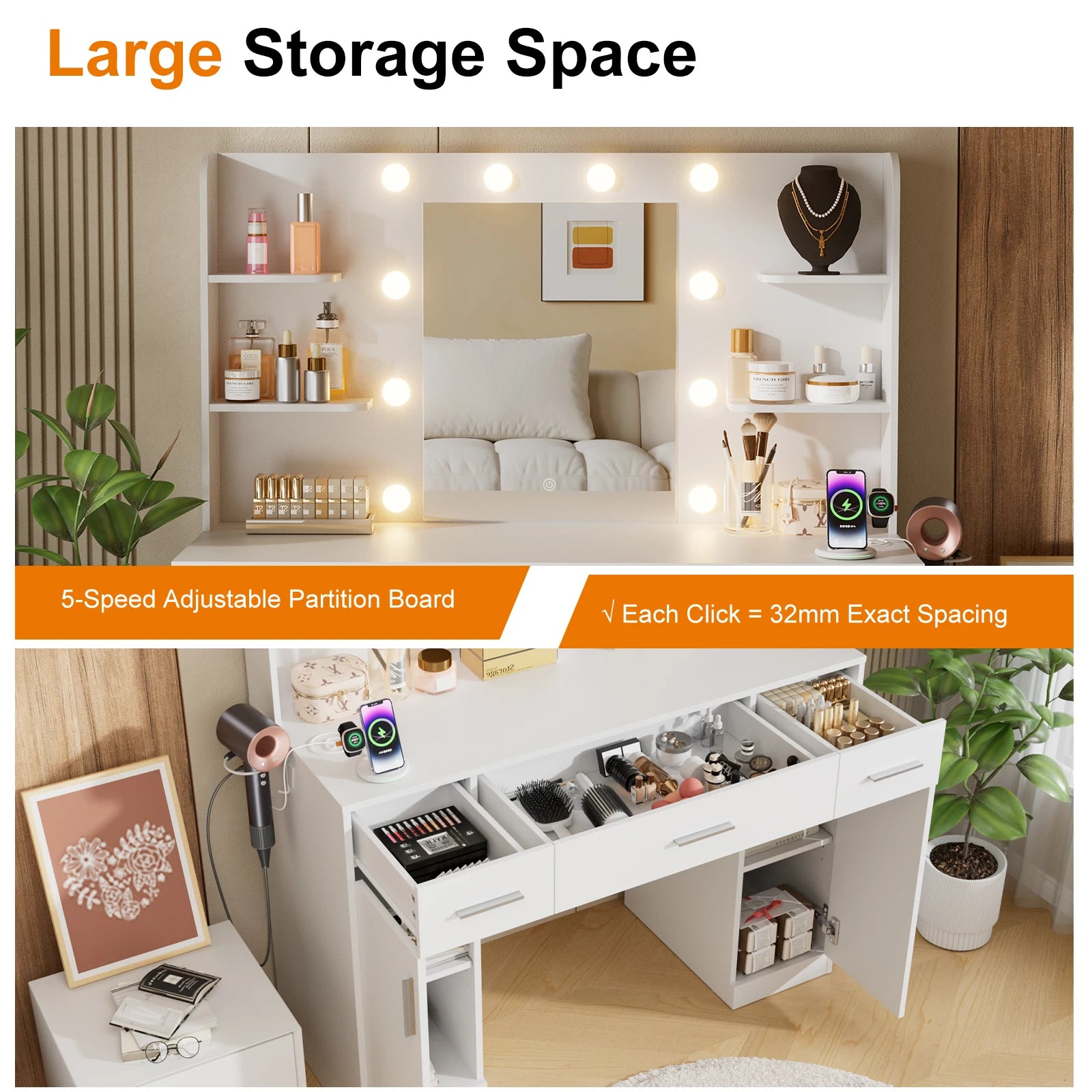 Modern Vanity Desk with Mirror Lights, Storage Cabinets & Drawers