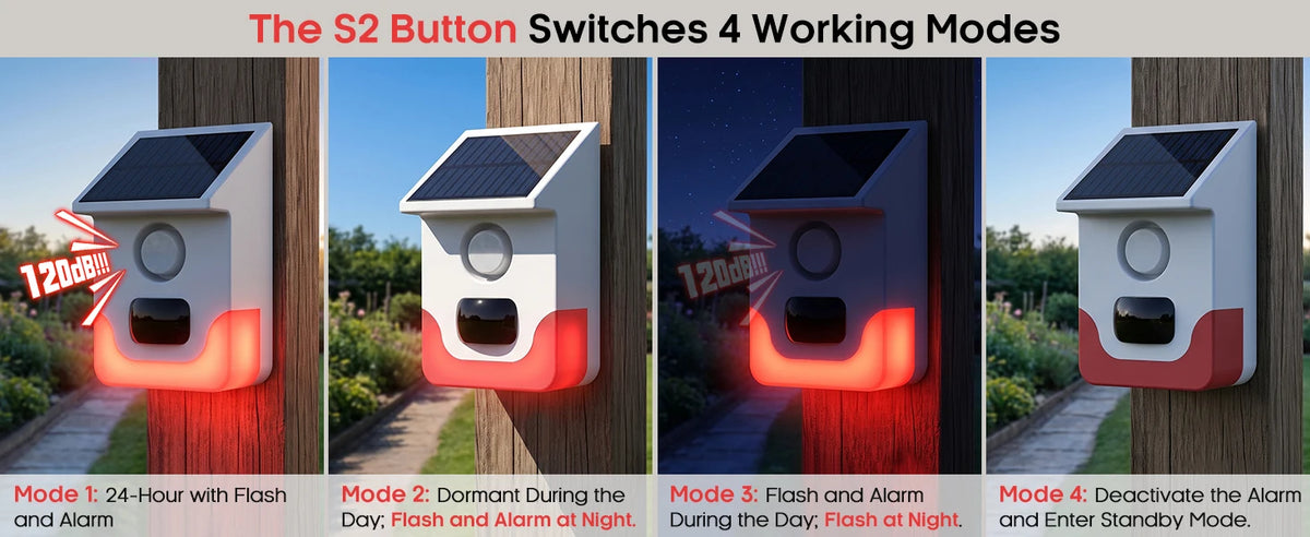 120° Detection Solar Alarm 120dB 4 Working Modes Solar-powered PIR Motion Detection Alarm For Home Courtyard Security