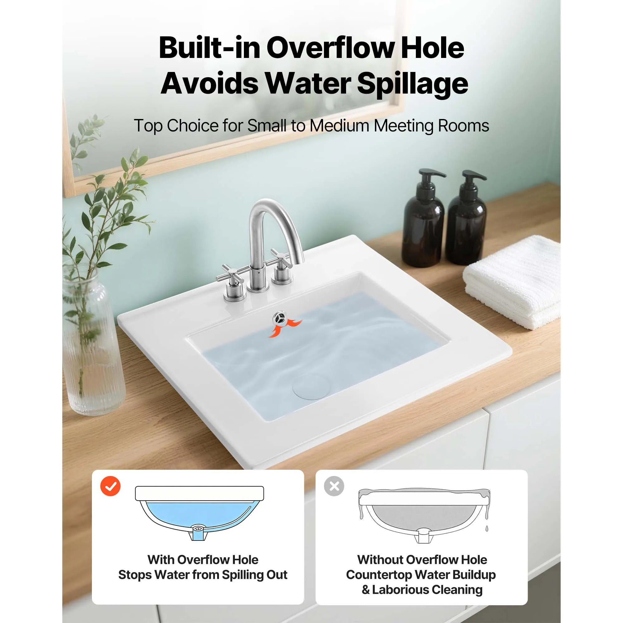 Lavabo de salle de bain en céramique semi-encastré avec trop-plein et 3 trous