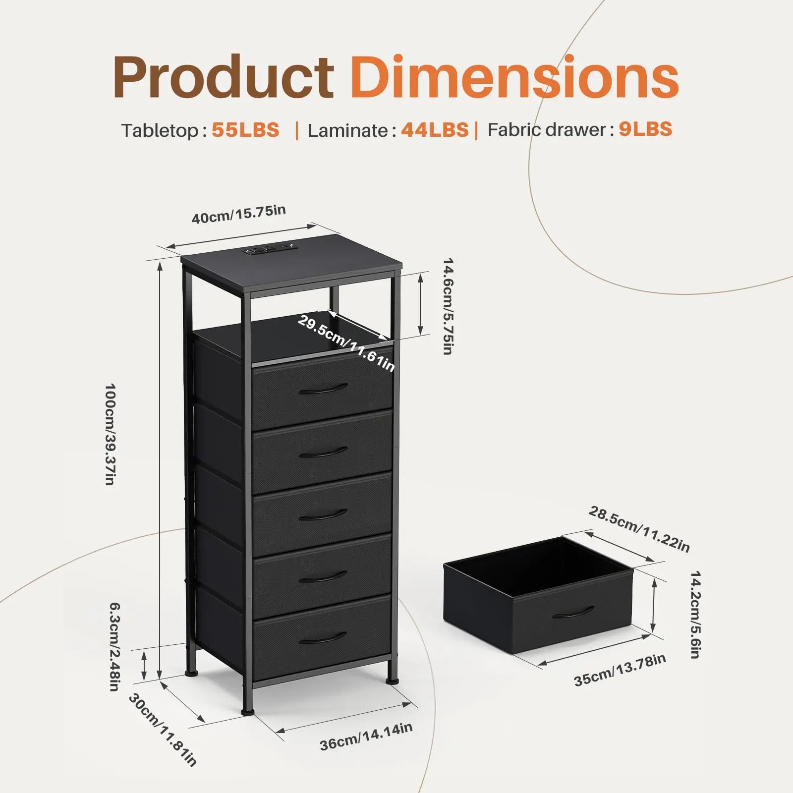 5-Drawer Nightstand with Charging Station, LED Lights & Storage