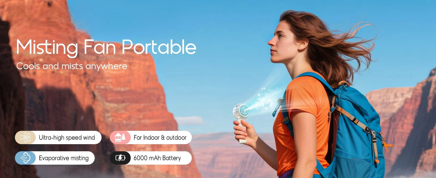 Ventoinha Portátil de Mão com Nebulização 6000mAh Recarregável 4 Velocidades
