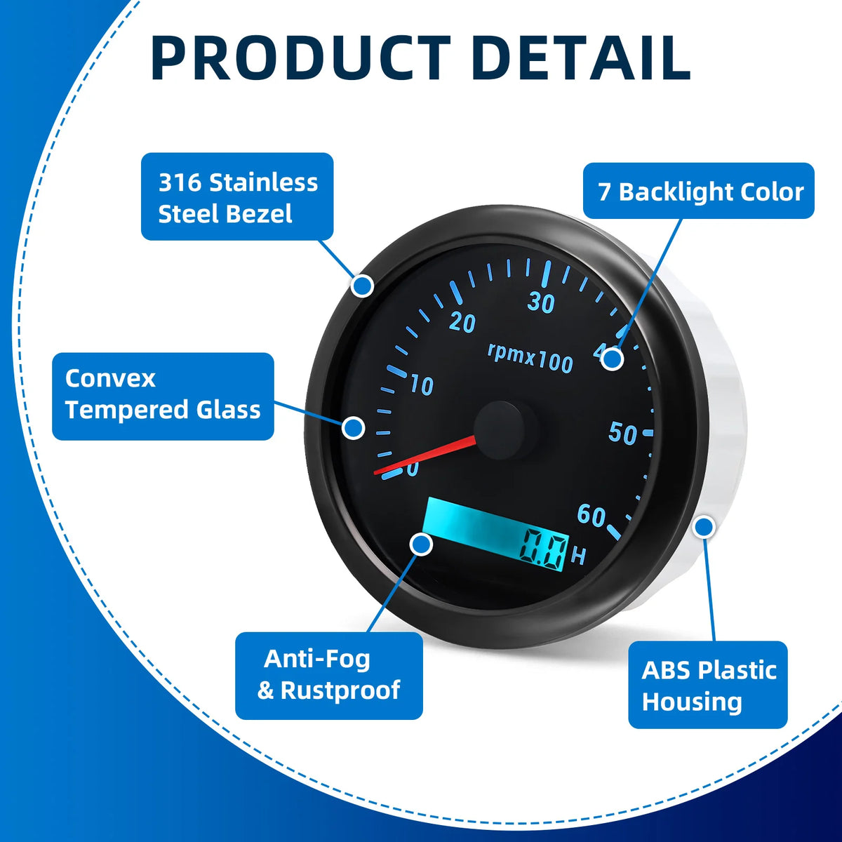 Conta-rotações de 85mm com contador de horas LCD e retroiluminação