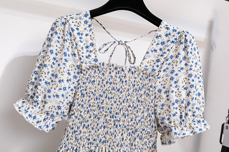 Summer Pleated Women Chiffon Dresses Casual Beach Holiday Short Sleeve Square Collar Woman Midi Dress Bohemian Mujer Vestidos 