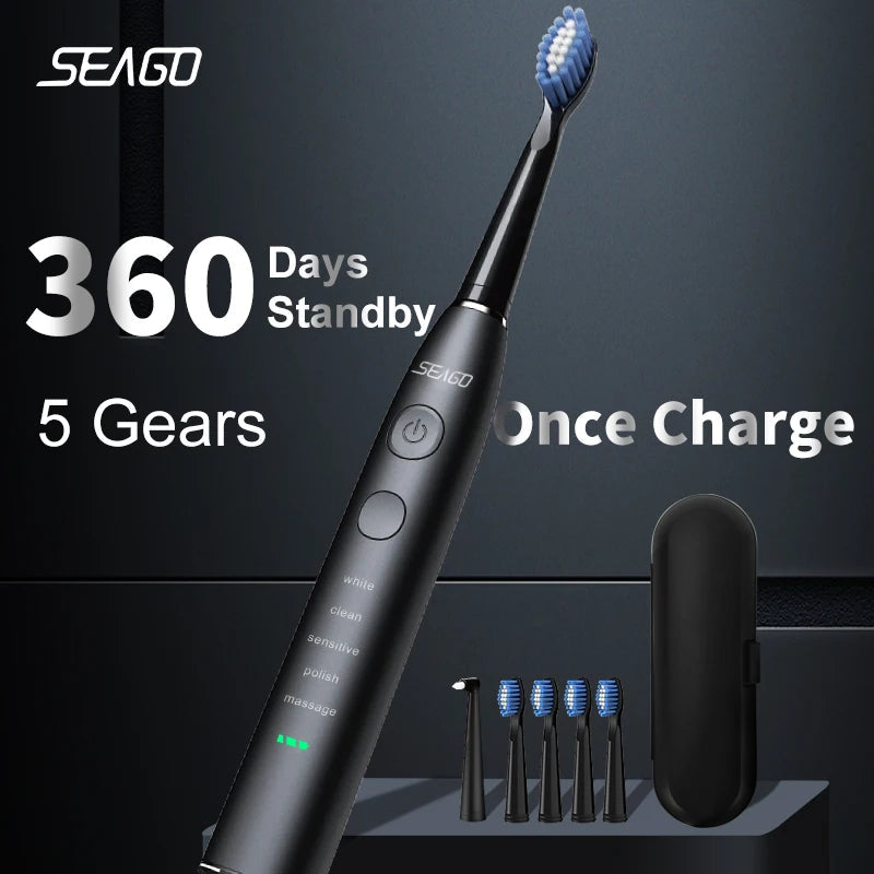 Seago Electric Sonic Toothbrush USB Rechargeable Adult 360 Days Long Battery Life IPX7 4 Replacement Heads Travel Box  SG-575 