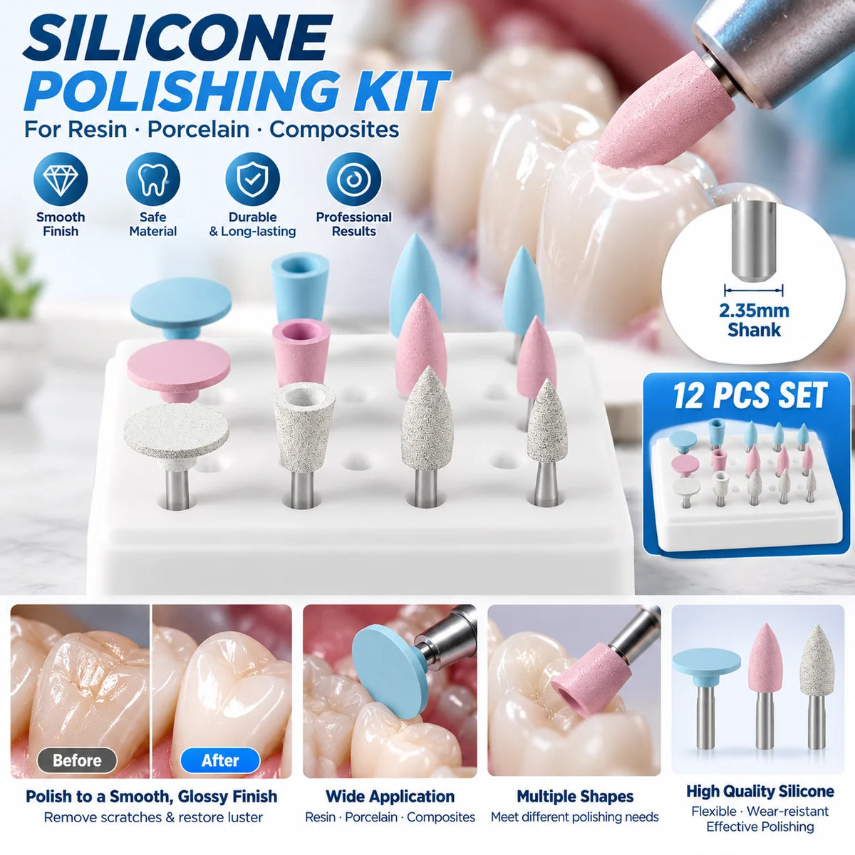 Silicone Polishing Kit for Low-Speed Handpieces, 12-Piece