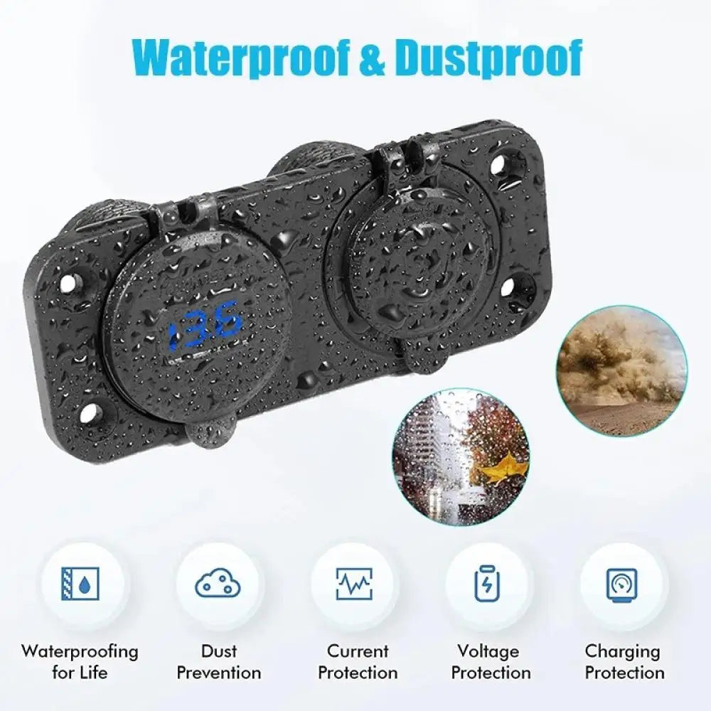 Waterproof Cigarette Lighter Outlet Quick Charge 3.0 12V/24V Dual USB Car Socket with LED Voltmeter Touch Switch for Car RV Boat