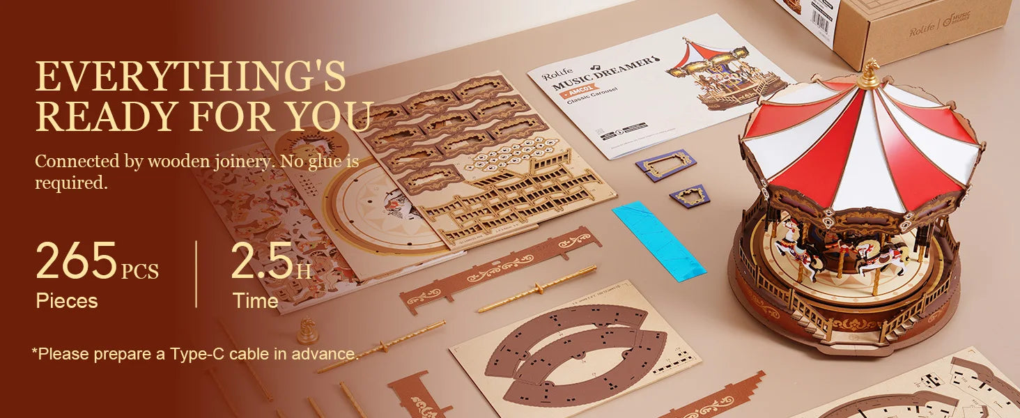 Robotime Rolife Κλασικό Καρουζέλ Μουσικό Κουτί 3D Ξύλινο Παζλ