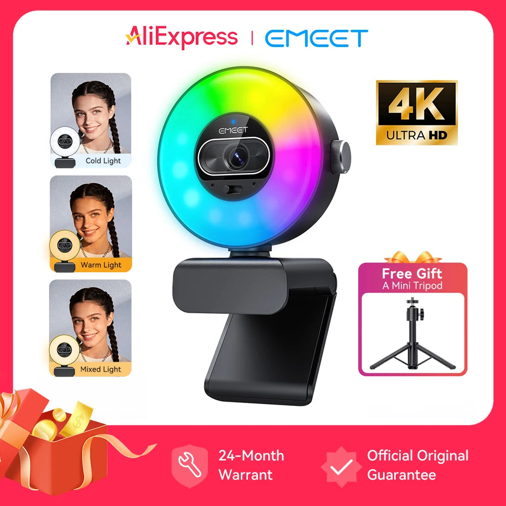 4K Webcam with Ring Light Autofocus 1080P 60FPS USB Camera