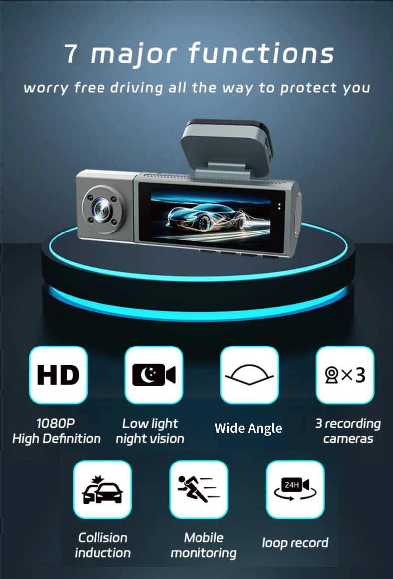 1080P 3-Way WiFi Dash Cam Front Inside Rear with Night Vision