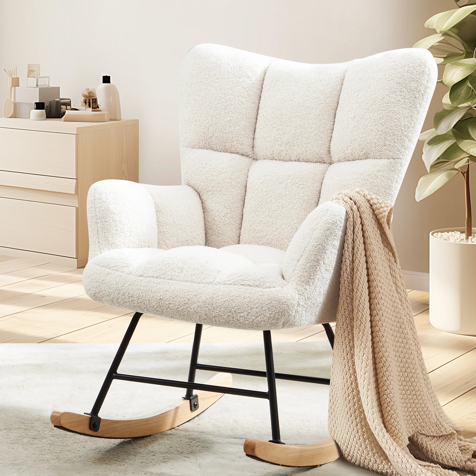 Teddy Fabric Glider Rocking Chair with High Back & Padded Seat