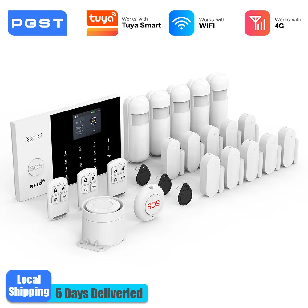 PGST Kit de système d'alarme antivol intelligent 4G WiFi Works with Tuya Works with Smart Life Connexion sans fil Ensemble de capteurs Télécommande Alerte en temps réel Sécurité domicile Bureau Entrepôt Euro
