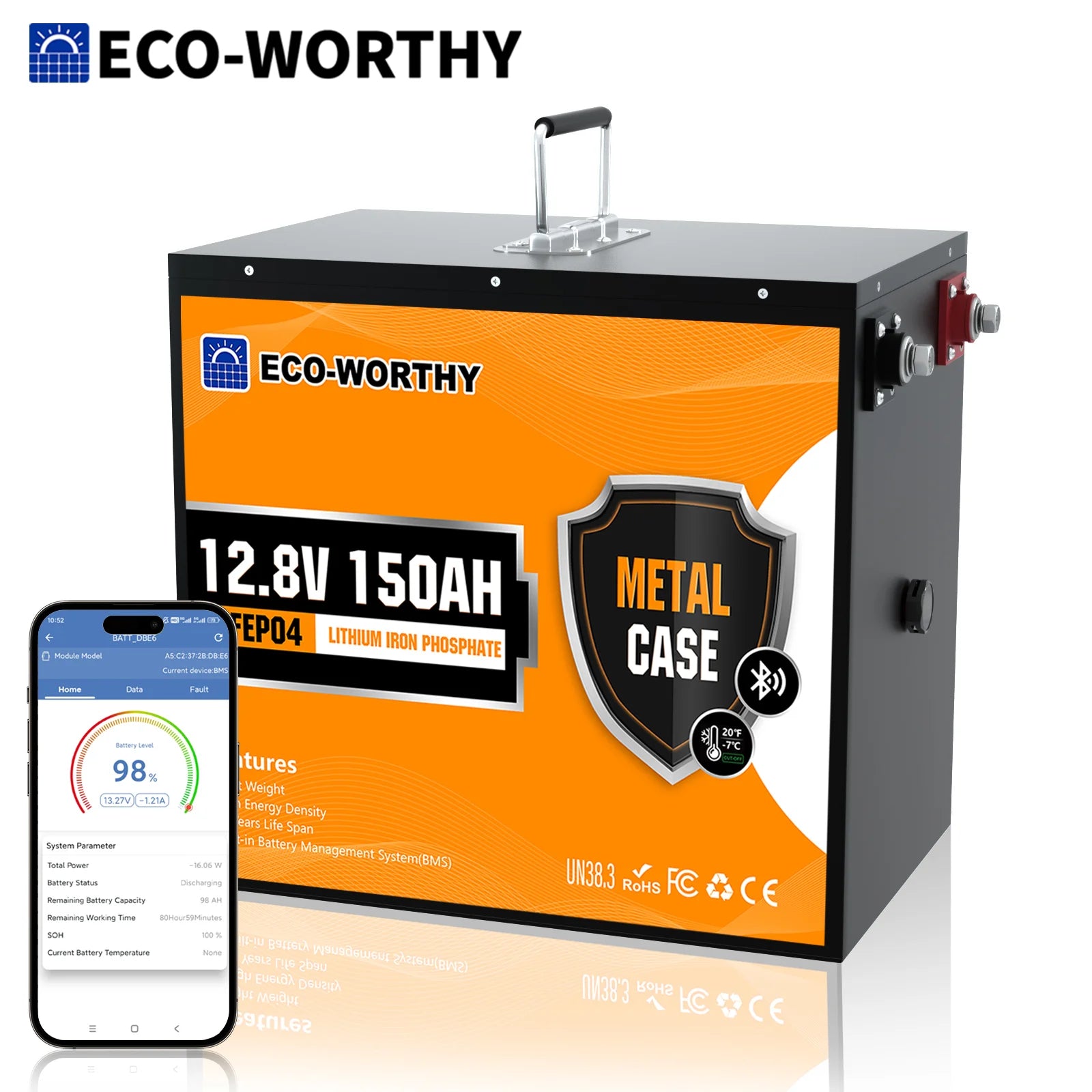 ECO-WORTHY 12V 150AH Bluetooth LiFePO4 Lithiumbatterie mit Kälteschutz, eingebautem 120A BMS, ideal zum Trolling