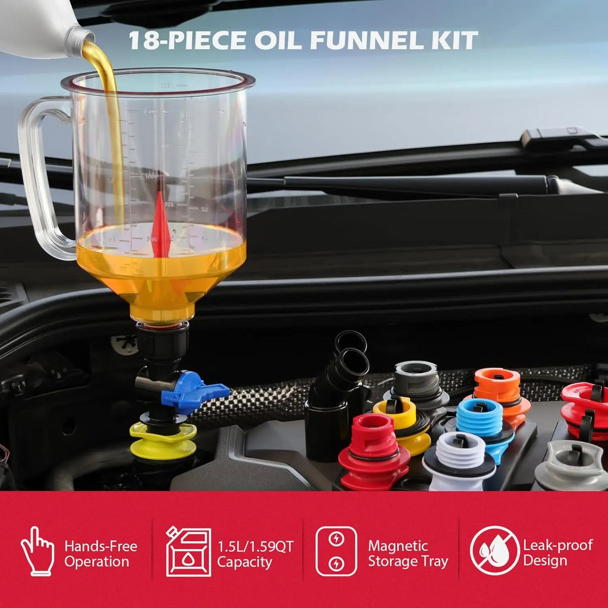 Ensemble d’entonnoirs d’huile pour moteur 18 pièces, 1,59 Qt Kit d’entonnoir d’huile automobile avec 12 adaptateurs, raccordElbow, écran fléche Magnétique stockage