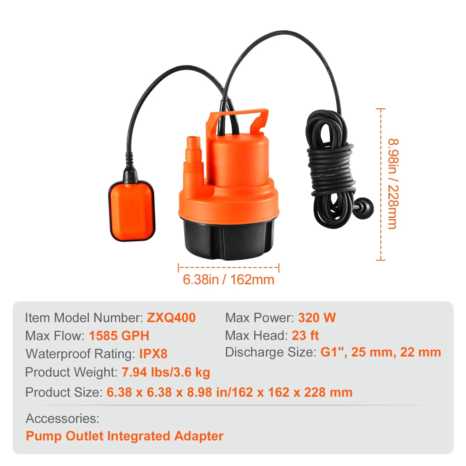 Utility Pump 1585/2510/4000 GPH Submersible Water Pump with 10 ft Power Cord