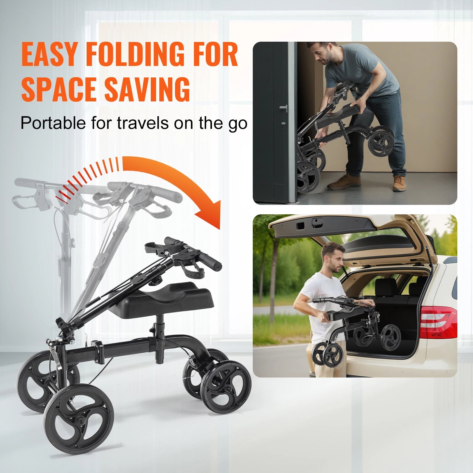 SucceBuy Folding Knee Scooter Carbon Steel Steerable Knee Walker w/ Height-Adjustable Handlebar All-Terrain Solid Wheels Scooter