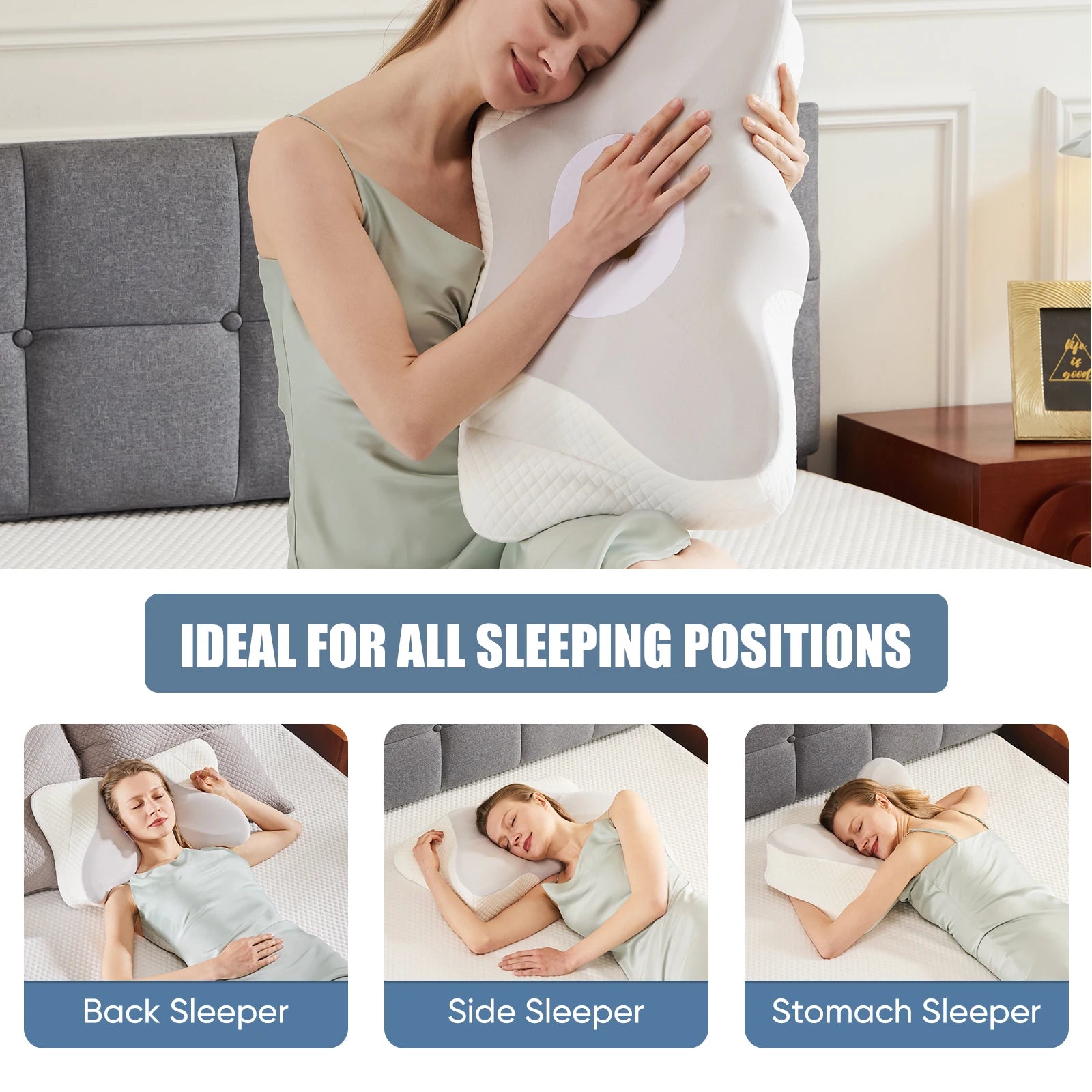 JHK Ergonomic Queen Size Cervical Contour Pillows For Neck 1 Pack Pain Relief Memory Foam Bed Pillow with Cooling Pillowcase